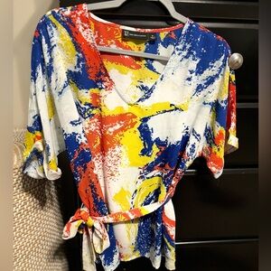 V neck waist tie blouse